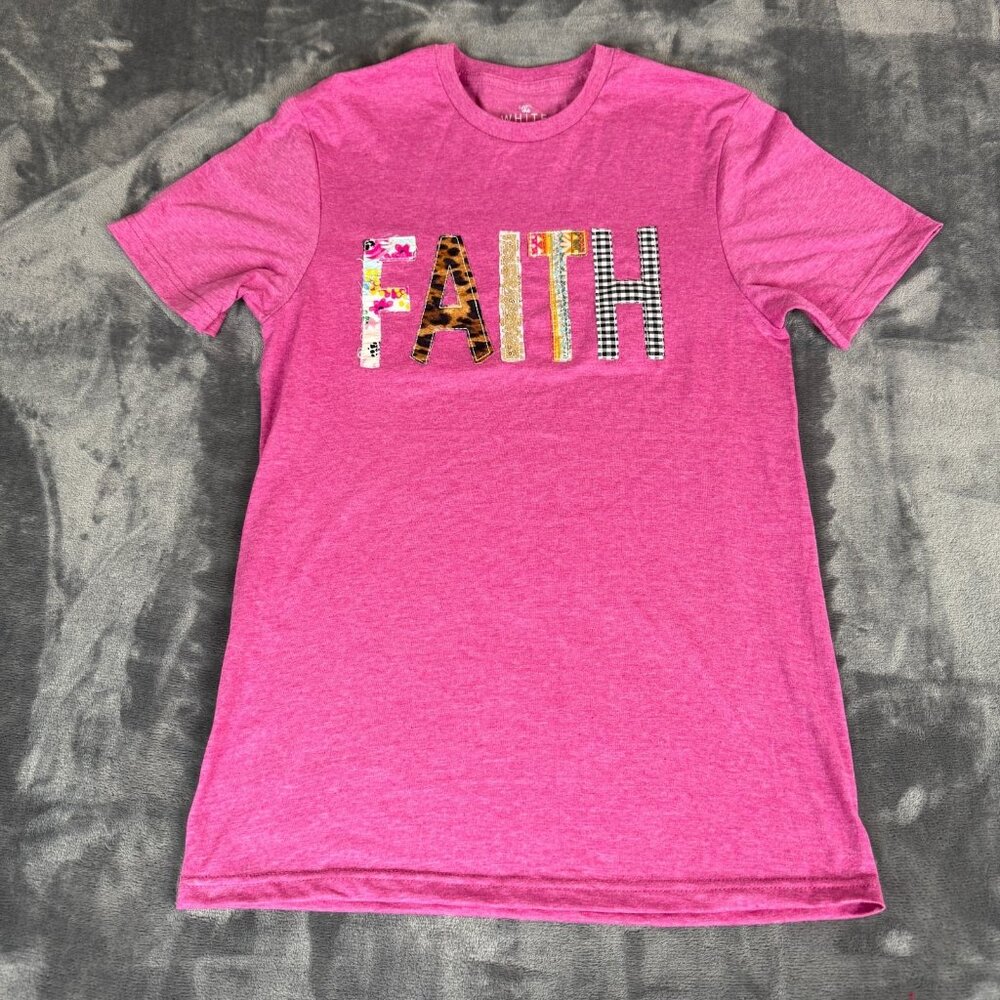 White Stitch Women's Small Graphic T-Shirt Faith Patch Work Pink Soft Shirt